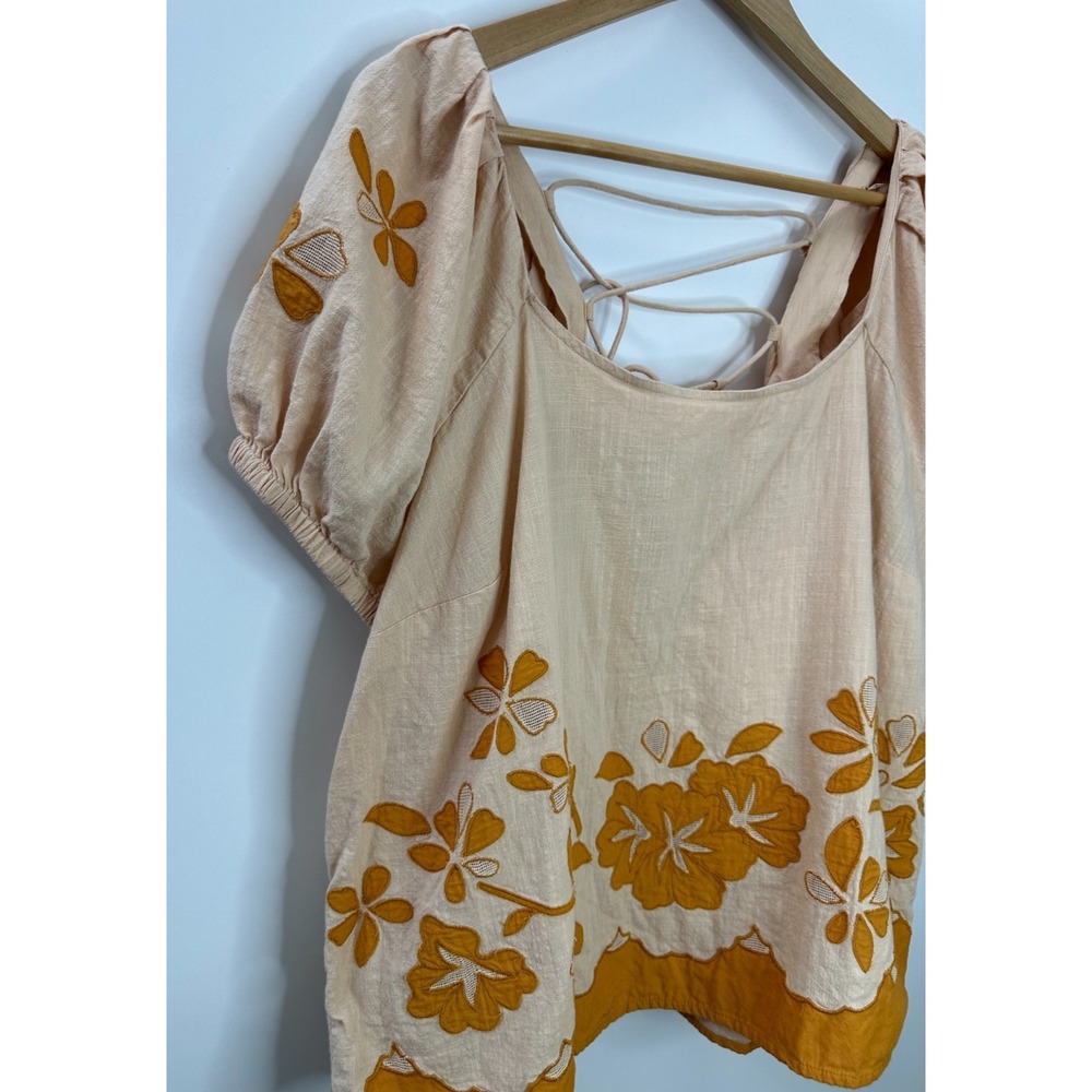 Madewell Embroidered Flower Puff Sleeve Cotton Lace-Up Back Top Plus Size 1X - Picture 3 of 13